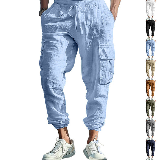 Pantalones Casuales de Algodón y Lino con Múltiples Bolsillos y Cordón Ajustable - Image 4