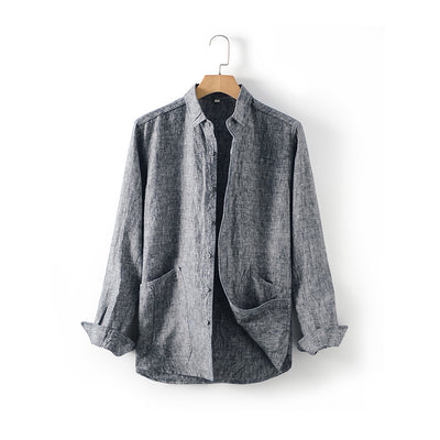 Camisa de Lino Suelta con Cuello Polo Manga Larga para Hombre - Image 6