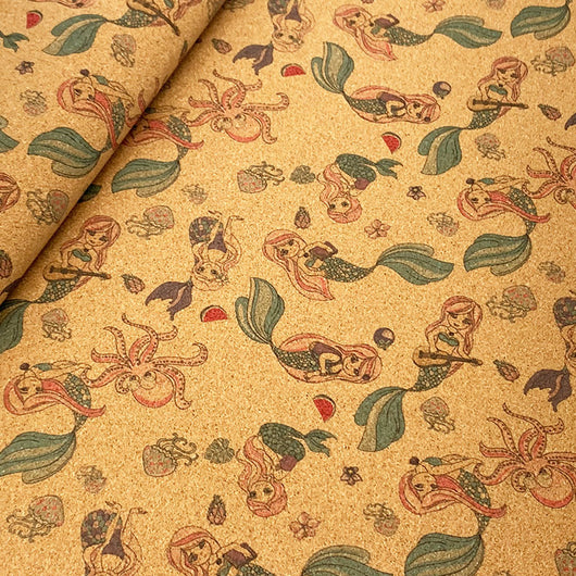 Tela de Corcho Estampado Sirena Kawaii con Fondo Floral - Image 10