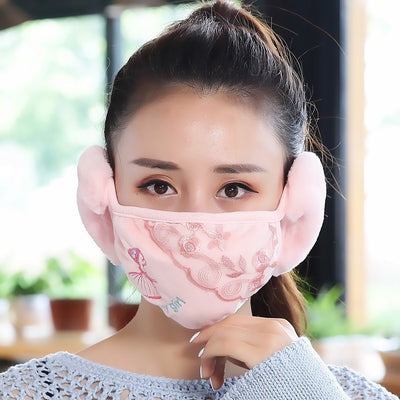 Brown winter mask with integrated faux fur earmuffs, featuring 'my girl' text and floral lace embroidery. - Image 5