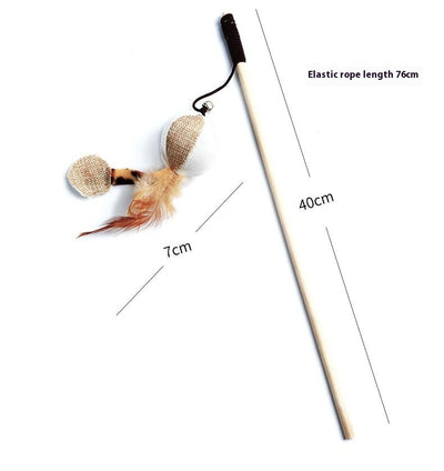 Cat teaser toy with a long wooden pole, a striped ball, brown feathers, and a small bell. - Image 20