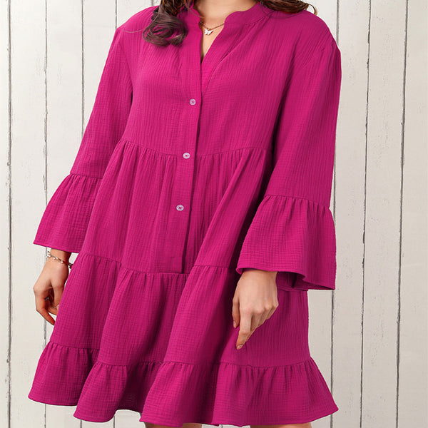 Vestido Camisero Liso Mujer Plisado Holgado y Elegante