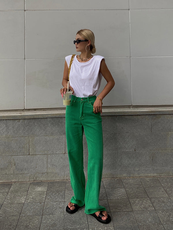 Jeans Rojos de Cintura Alta y Pierna Recta Ancha para Mujer