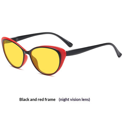 Retro cat-eye sunglasses with bright black frames and yellow night vision lenses on a white background. - Image 5