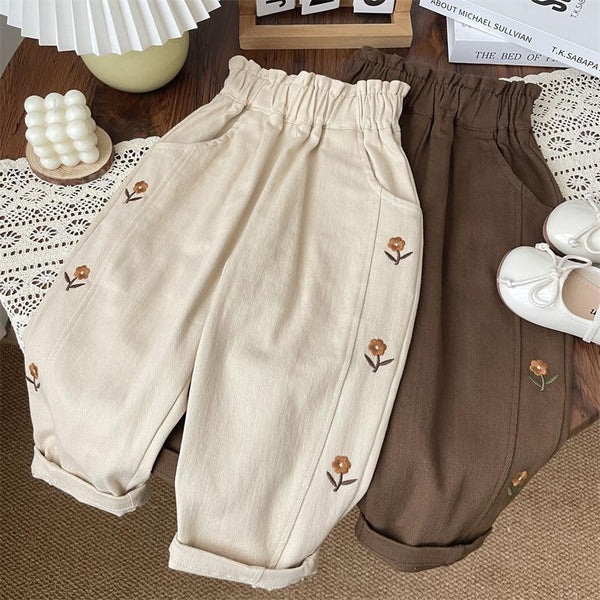 Pantalones Infantiles Cintura Alta con Bordado Floral - Estilo Occidental