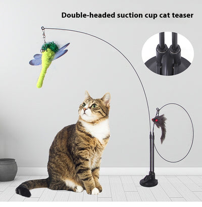 Cat sucker teaser toy with a blue butterfly, gray mouse, and light blue feathers on a black suction cup base. - Image 23
