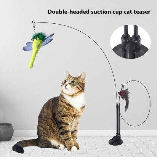 Cat sucker teaser toy with a blue butterfly, gray mouse, and light blue feathers on a black suction cup base. - Image 23