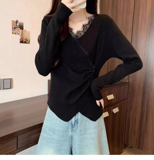 Blusa Manga Larga con Encaje Irregular y Escote en V - Image 19