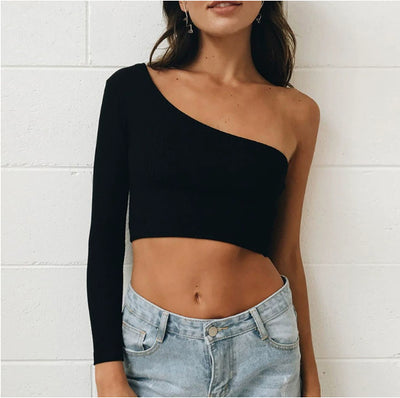Top Corto Hombros Descubiertos Tejido Elástico para Mujer - Streetwear Blanco y Negro - Image 6