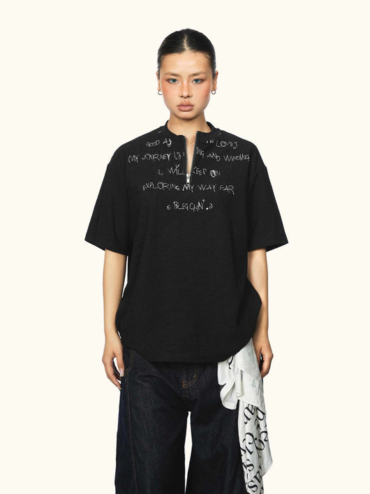 Playera Unisex Estilo Americano con Cremallera y Estampado de Letras - Image 11