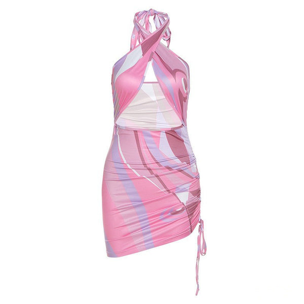 Vestido con Bolsa Cruzada de Cuello Halter y Cordón Ajustable