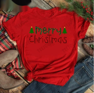 Red women's t-shirt with "Merry Christmas" text and three Christmas trees, featuring buffalo plaid and leopard print. - Image 4