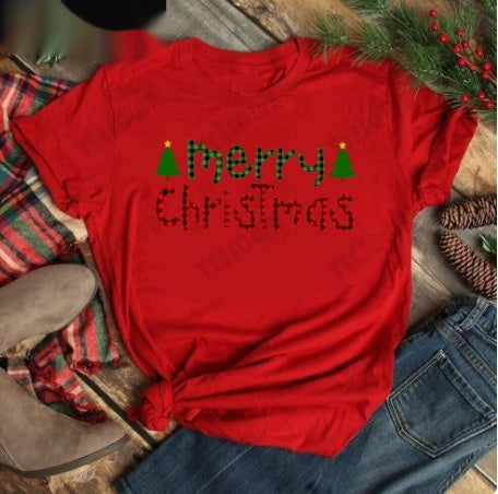 Red women's t-shirt with "Merry Christmas" text and three Christmas trees, featuring buffalo plaid and leopard print. - Image 4