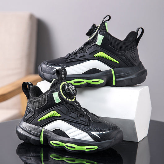 Black, white, and neon green children's basketball shoes with rotating buckle closure, featuring a mid-top design. - Image 8