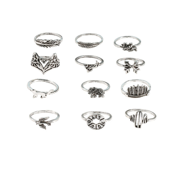 Juego de 12 Anillos Aleación Retro con Diseños de Hoja, Zorro y Elefante