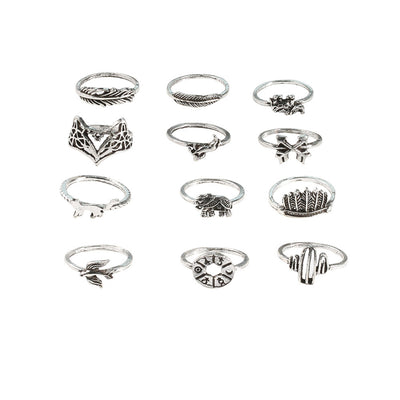 Juego de 12 Anillos Aleación Retro con Diseños de Hoja, Zorro y Elefante