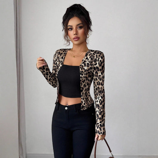 Cardigan Blusa Manga Larga Estampado Leopardo con Contraste de Colores para Mujer - Image 3