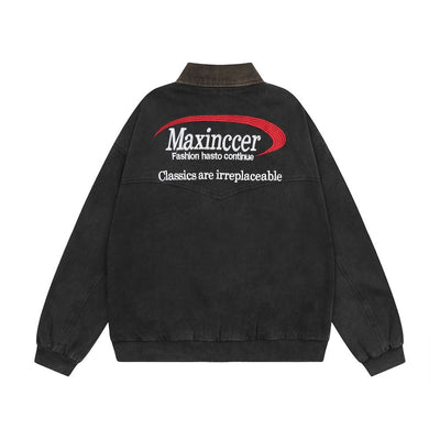 Chaqueta de Lona Retro con Cuello Solapa y Bordado de Alfabeto Americano - Image 6
