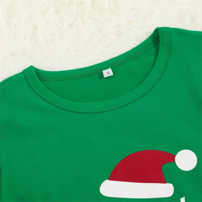 Family Christmas pajamas set with green long-sleeve tops featuring an elf print and 'HAPPY HOHOHO TO YOU' text, paired with red and white striped bottoms. - Image 4