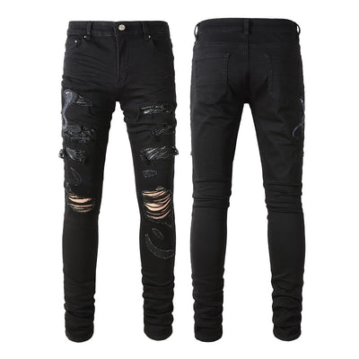 Jeans para Hombre con Parche de Serpiente de Tres Cabezas Bordado
