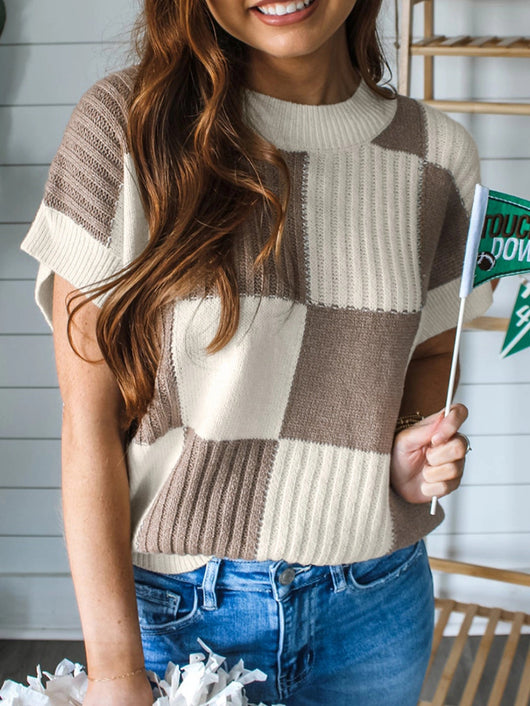 Suéter Tejido Cuello Redondo Manga Corta con Contraste de Cuadros para Mujer - Image 10