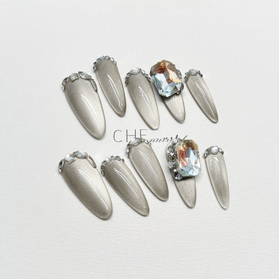 Uñas Postizas Ovaladas Gris Ojo de Gato Premium - Parche de Alta Calidad - Image 7