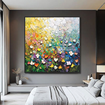 Cuadro Abstracto al Óleo con Flores 3D - Pintura Hecha a Mano con Espátula para Sala y Comedor