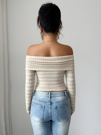 Blusa Larga de Hombros Descubiertos en Tono Damasco Suave - Image 8