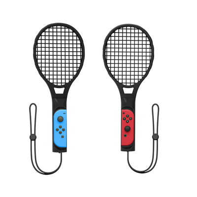 Two black tennis racket controllers for Nintendo Switch, one with a blue Joy-Con and one with a red Joy-Con, both with wrist straps. - Image 13
