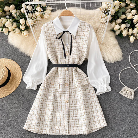 Vestido Houndstooth con Tirantes y Mangas Puff - Image 8
