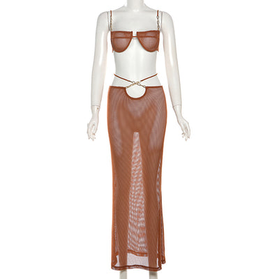 White see-through bikini skirt suit with a mesh bralette top and sheer knit maxi skirt with gold chain details. - Image 28