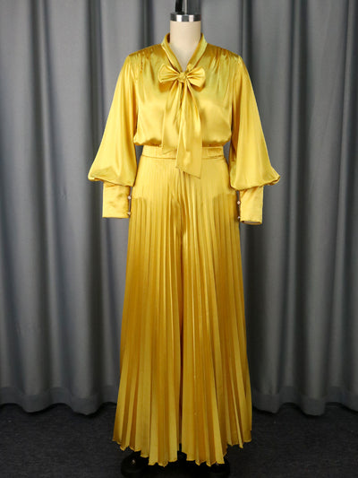 Conjunto Elegante: Blusa V-neck con Moño y Pantalón Plisado Ancho - Image 6