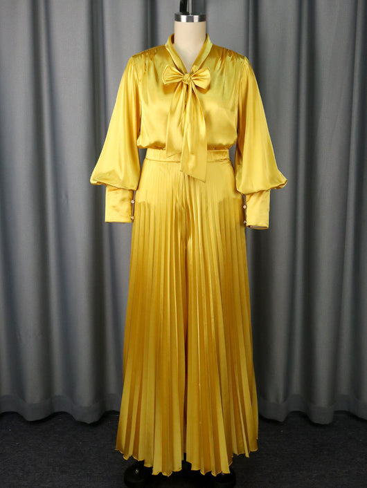 Conjunto Elegante: Blusa V-neck con Moño y Pantalón Plisado Ancho - Image 6