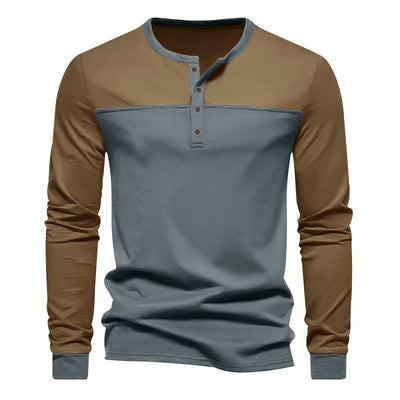 Camisa Casual de Cuello Henry con Combinación de Colores - Manga Larga Estilo Retro - Image 8