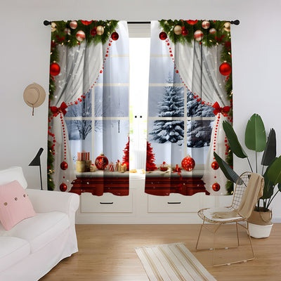 Christmas curtain with a snowy village scene, Santa Claus, flying reindeer, and piles of wrapped gifts. - Image 38