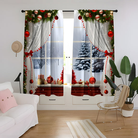 Christmas curtain with a snowy village scene, Santa Claus, flying reindeer, and piles of wrapped gifts. - Image 38