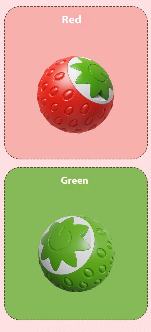 Green electric pet toy ball with a textured surface and a white strawberry-like design featuring a power button. - Image 26