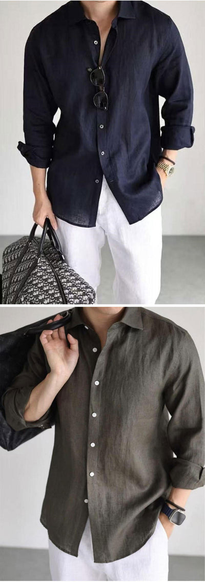 Camisa Casual Business Mezcla Algodón Lino Teñida en Hilo Colores Sólidos - Image 11