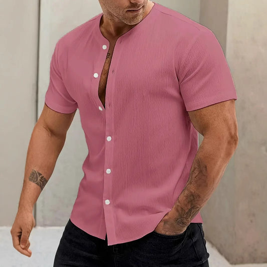 Camisa Tipo Cardigan Cuello Alto Manga Corta para Hombre - Image 2