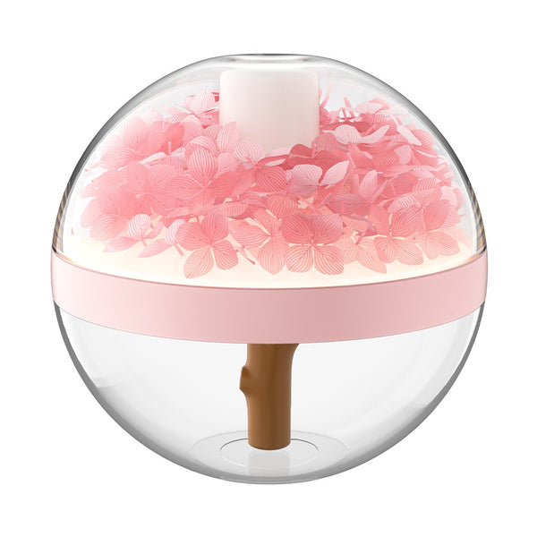 Pink round mini humidifier with clear dome, decorative pink flowers, and a light-up base, ideal for desktop or bedroom. - Image 6