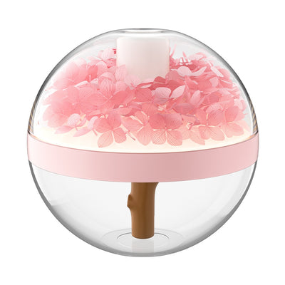 Pink round mini humidifier with clear dome, decorative pink flowers, and a light-up base, ideal for desktop or bedroom. - Image 6