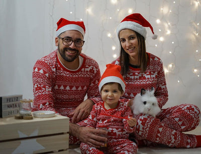 Red and white Christmas print one-piece pajama suit with moose, snowflake, and Christmas tree patterns. - Image 28