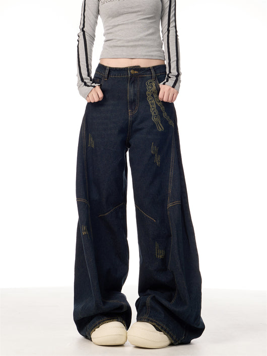 Overol Denim Retro Patchwork de Pierna Ancha para Mujer - Image 11