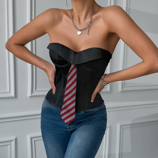Corset Satinado con Encaje de Espina de Pez y Anillo de Acero