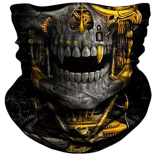 Multi-functional magic scarf with a detailed steampunk skull design in gold and grey, suitable for Halloween or cycling.