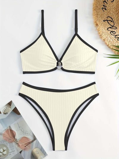 Women's dark blue ribbed two-piece swimsuit with light blue trim, triangle top, and high-cut bikini bottom. - Image 12