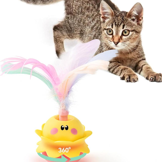 Interactive automatic cat feather toy with a yellow and pink base, featuring white, pink, and blue feathers.
