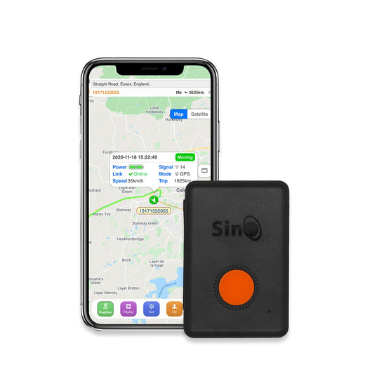 Sinotrack GPS tracker kit with black device, orange button, white charging cable, lanyard, pouch, and box. - Image 6