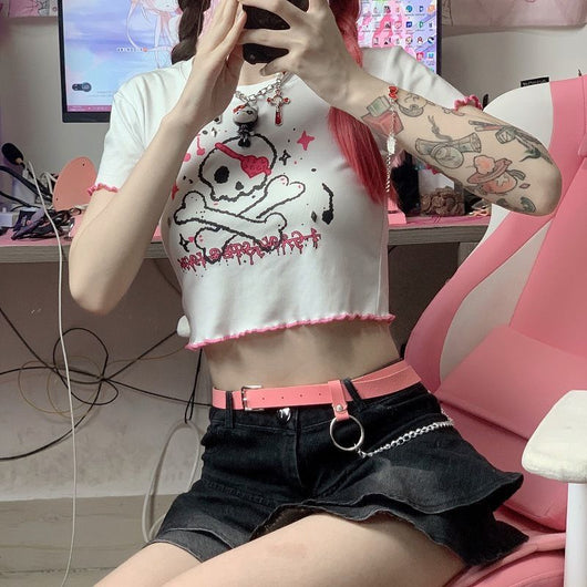 Crop Top Manga Corta Estampado Cartoon Cuello Redondo - Image 9