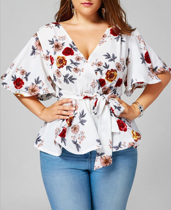 Blusa de Gasa con Mangas Acampanadas, Encaje Estampado y Perlas
